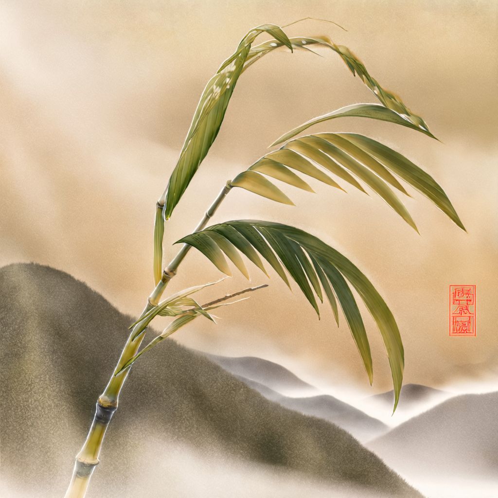 八字看从财格——一株柔韧的青竹苗在风中顺势弯曲而非抵抗,象征从格命局顺势而为的能量逻辑