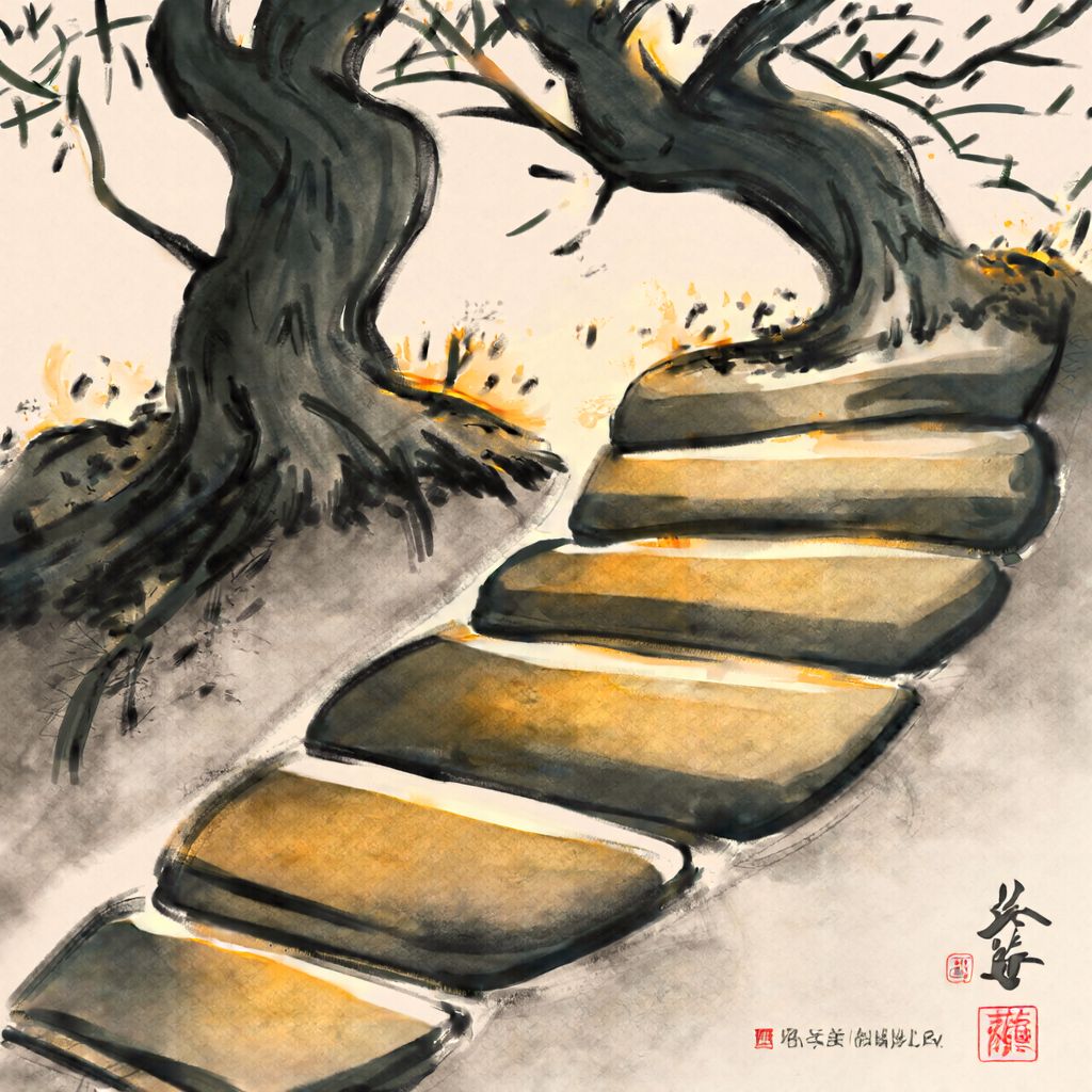 父亲与成年儿子并肩走在中式庭院石路上，象征八字命局里的父辈支撑结构