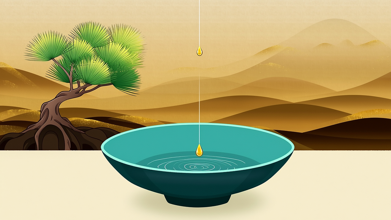印星护身接财意象图,青瓷古碗承接金色雨露