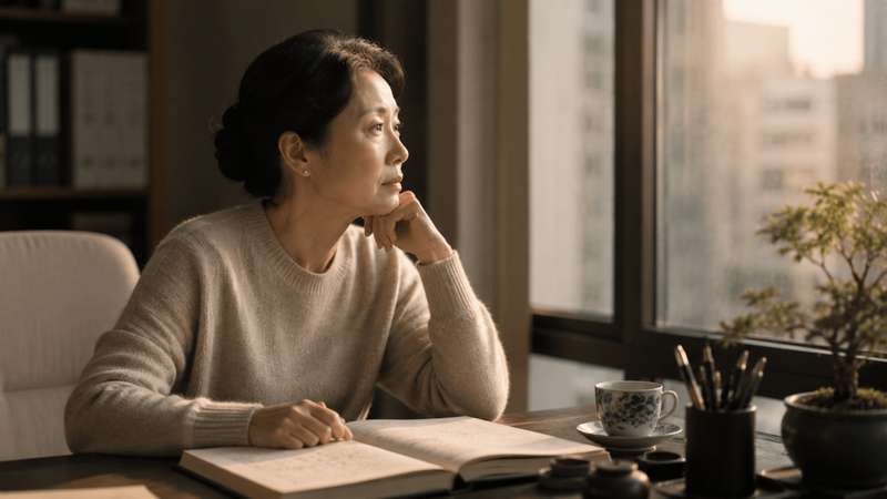 一位中年女性独自坐在安静的办公室窗边沉思，象征老板娘外在从容内心操心的命局状态