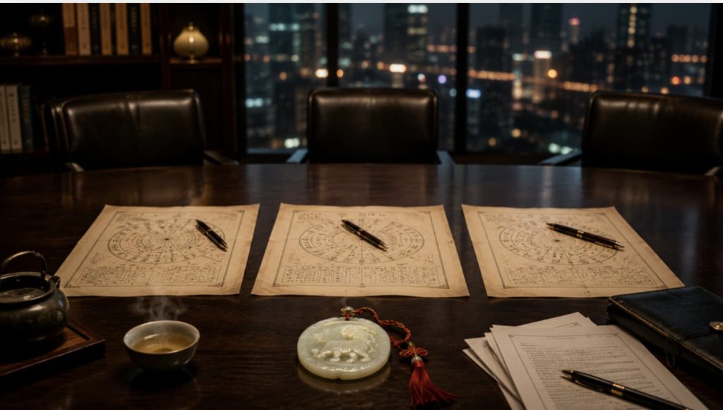 命盘上标注合伙人八字的分析图表，象征通过八字判断合伙做生意是否合适