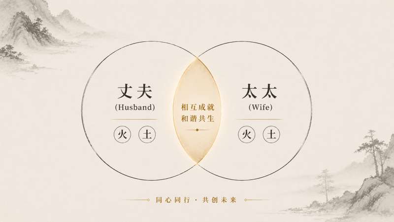 夫妻喜用神重叠的双圆示意图,标注共同的火土喜用神区域