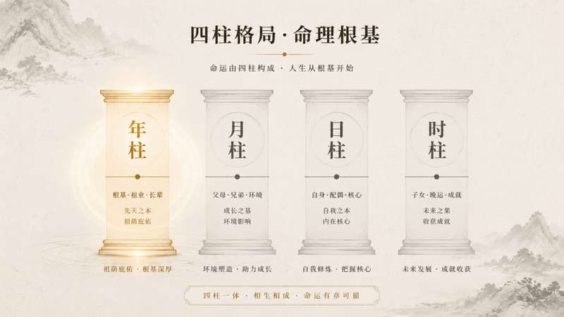 八字四柱结构示意图,年柱以金色高亮,标注祖上荫庇的判断位置
