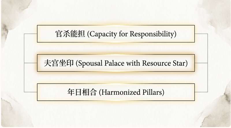 法人太太命局的三层结构示意图：官杀能担、夫宫坐印、年日相合