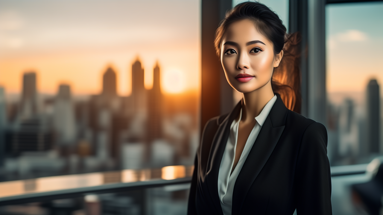 一位现代职业女性独自站在落地窗前俯瞰城市天际线,身姿从容,象征纯阳女命的独立与气场