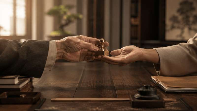 深色会议桌上一双年长的手将印章递交给年轻的手，象征家族企业的二代接班传承