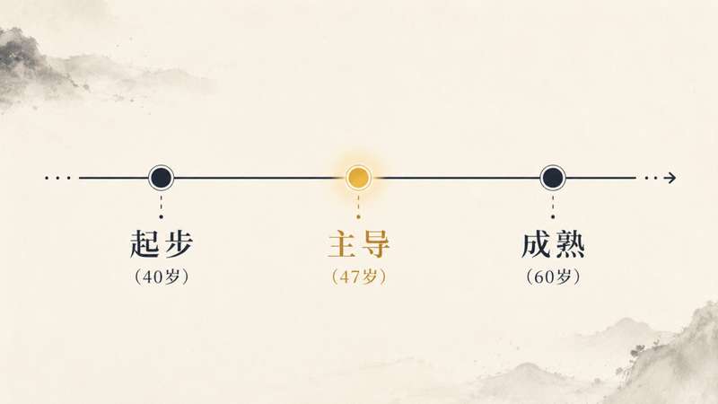 二代接班时间轴示意图，标注 40 岁起步、47 岁主导、60 岁成熟三个关键节点