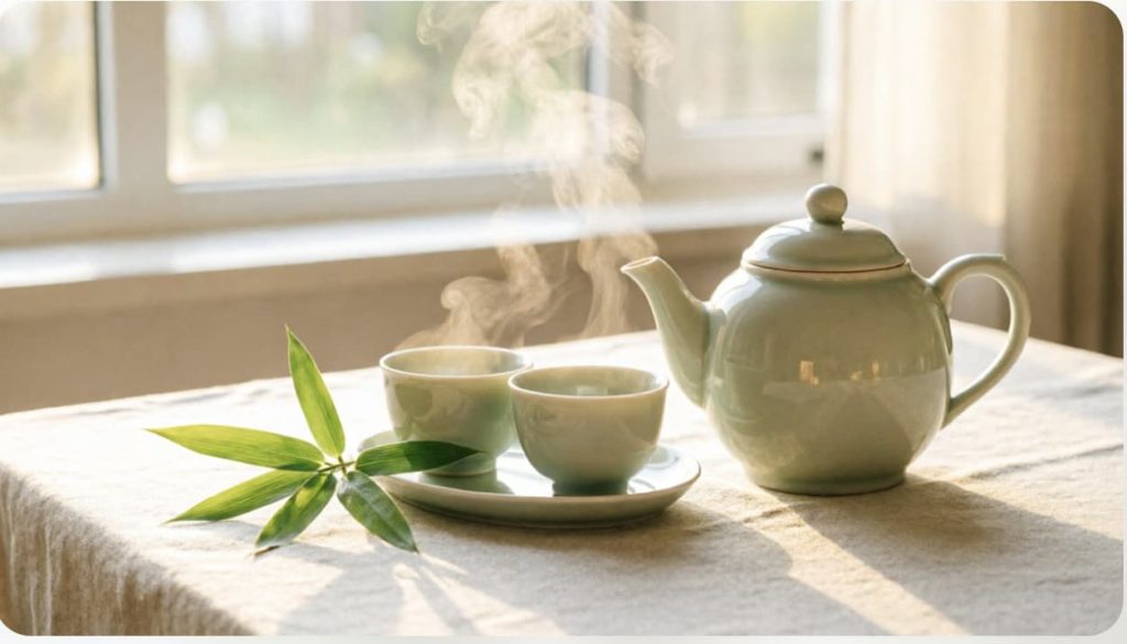 柔和光线下的中式茶具静物,两只相伴的茶杯象征旺夫女命中夫妻能量同频的命局结构