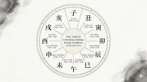 十二时辰圆形示意图,展示子丑寅卯等地支与现代钟点的对应关系