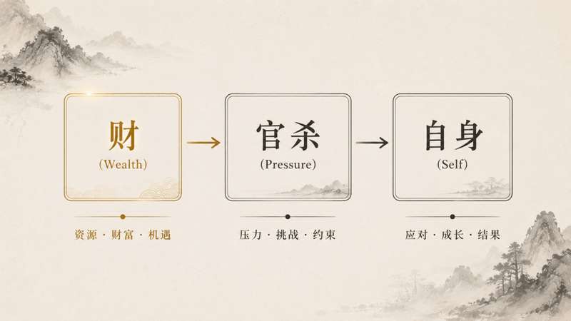 财生官杀克身的三段能量链示意图，展示"越有钱越操心"的命理逻辑